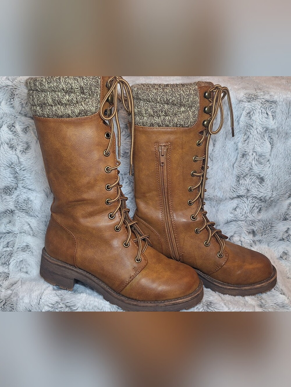 MIA Jenson Tan Lace Up Tall Combat Boots with Knit Cuff
